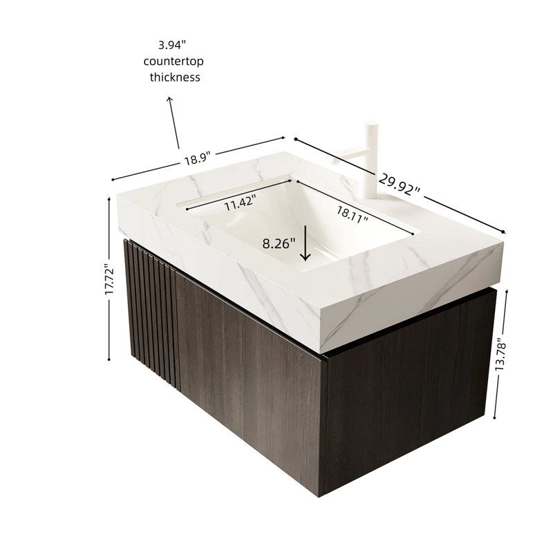 Meuble-lavabo de 30 po avec comptoir en pierre frittée blanche, vasque en céramique, armoire de rangement en contreplaqué, tiroir et porte, eau, meuble-lavabo à système de fermeture en douceur, trou de robinet pré-percé, flottant