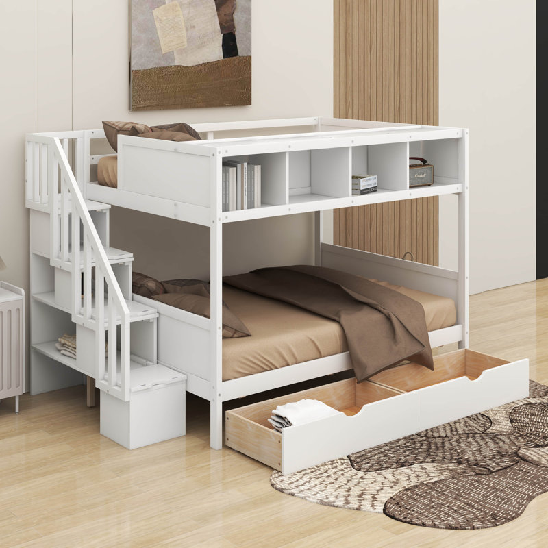 Lit simple superposé au dessus d'un lit double avec escalier de rangement et tiroirs, Blanc