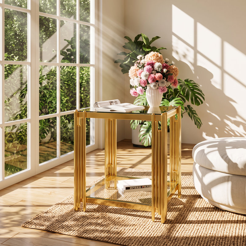 Table de bout moderne en verre trempé et métal doré l 19,9 po x P 19,9 po x H 21,9 po