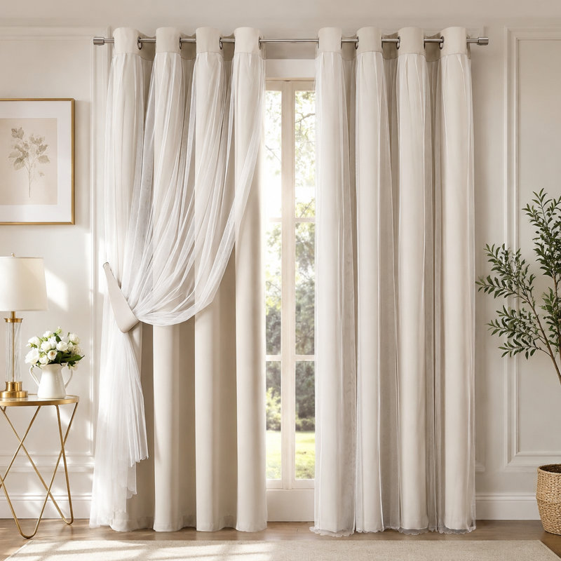 Rideaux occultants 80% beiges avec mélange de voile transparent