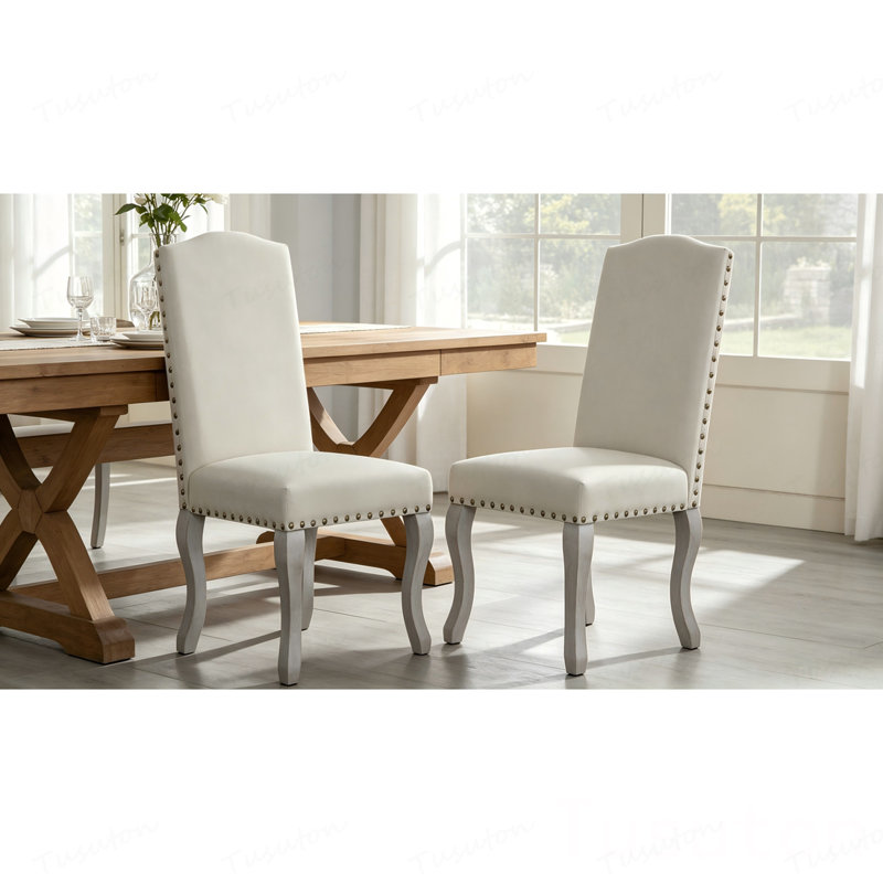 Ensemble de 2 chaises de salle à manger rembourrées en lin beige clair, chaises d'appoint décoratives à garniture cloutée avec pieds en bois massif, assemblage facile pour le bar de la cuisine de la salle à manger