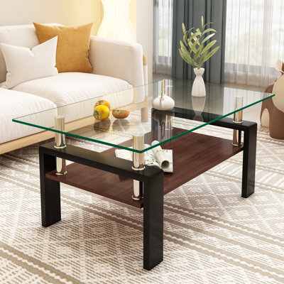 Table basse moderne et cristalline: plateau rectangulaire en verre trempé avec couche en MDF | Élégance transparente pour les espaces de vie