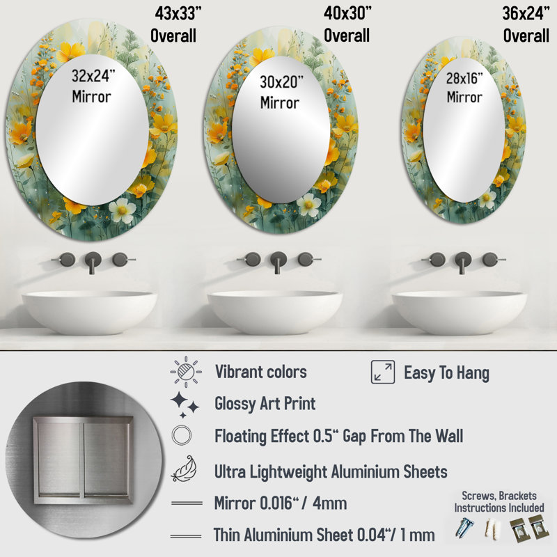 Yellow Wildflowers Spring Awakening I - Floral Oval Decorative Mirror On Metal, 36" x 24"