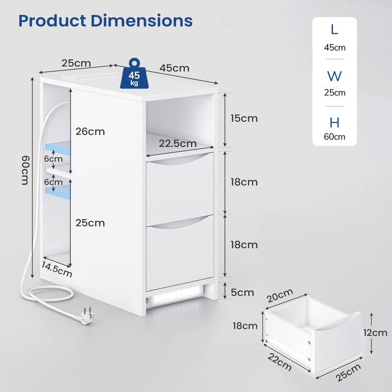 Slim Bedside Table with 2 Drawers, Charging Station and Cabinet Lights with Motion Sensor, Narrow Bedside Cabinet with Open Compartment, 25cm W Bedside Table
