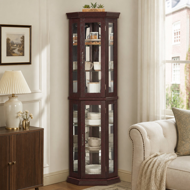 Vitrine d'angle en verre avec étagères ajustables et ornements sculptés pour un rangement élégant à la maison, Dark Cherry