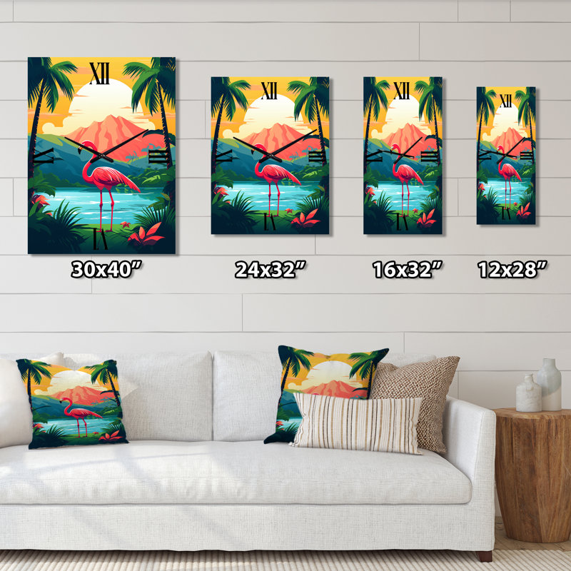 Horloge murale flamant rose dans un paysage tropical I - Animaux, Très grand