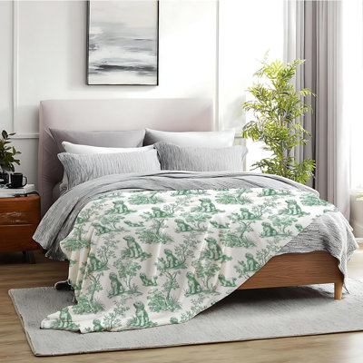 Green Chinoiserie Shih Tzu Blanket, Shih Tzu Gifts for Women, Grandmillennial French Country Toile Throw Blanket for Home Bedroom Room Couch Bed Decor, 30x40 Inches