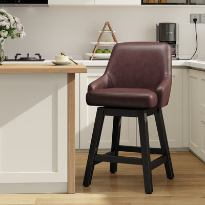 Tabourets de bar pivotants de comptoir en similicuir rembourré avec dossier ergonomique, chaises d'îlot de cuisine en bois massif avec accoudoirs et repose-pieds, capacité de 159 kg, brun selle