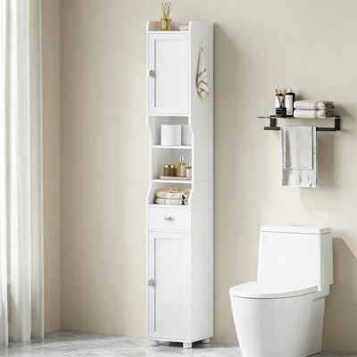 Tall White Bathroom Cabinet With 2 Doors, 1 Drawer, Adjustable Shelf And Hook, Freestanding