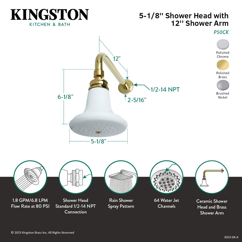 Pomme de douche ronde en céramique avec bras de douche 12 po Kingston, Chrome poli
