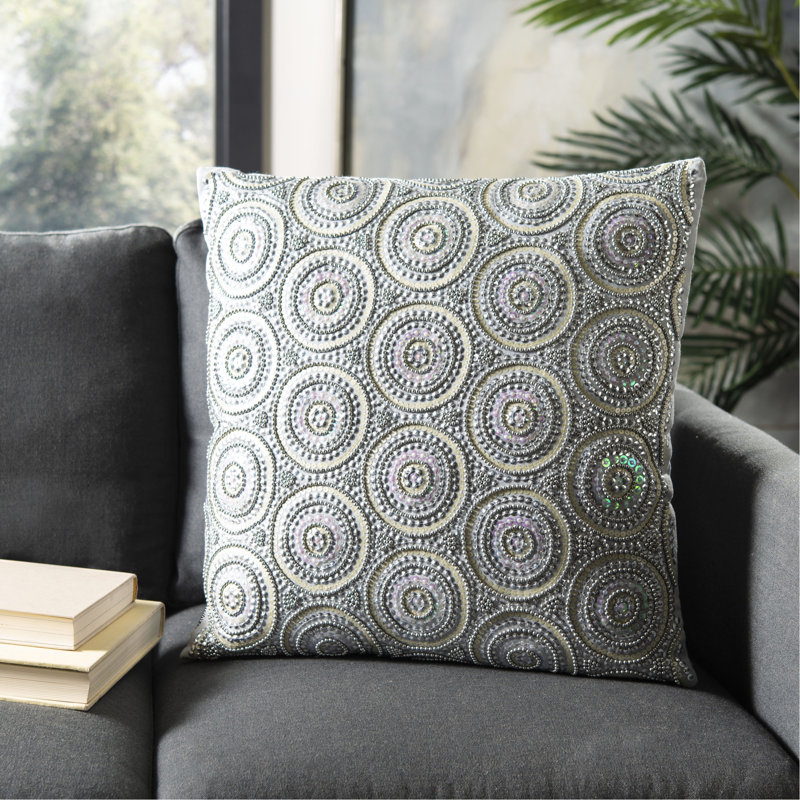 Beige and Silver Beaded 20" Square Throw Pillow