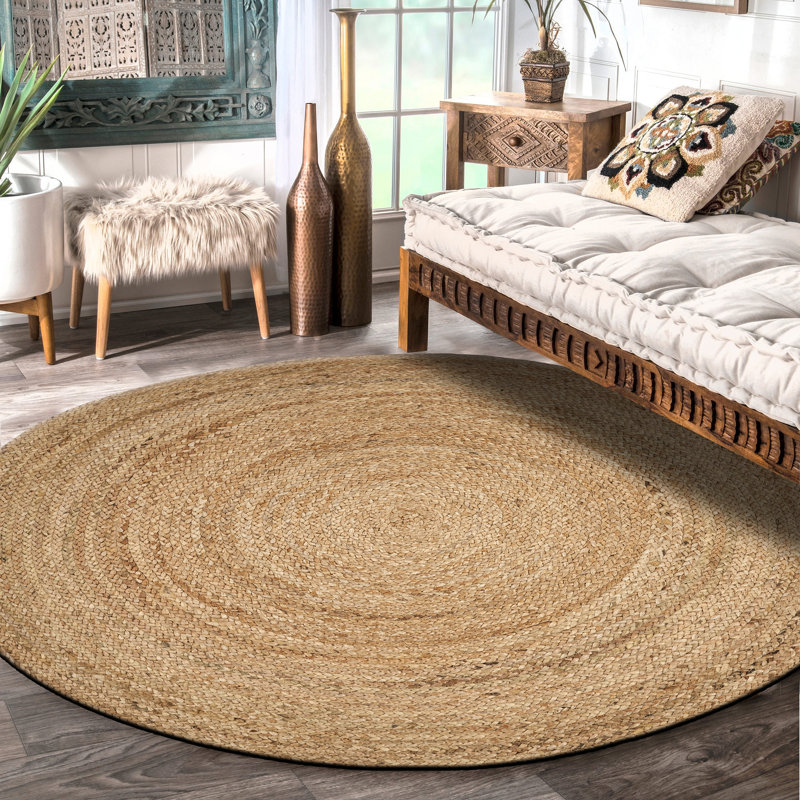 Bussey Tan Striped Modern Farmhouse Handmade Hand Braided Jute/Sisal Indoor Area Rug, Round 6'