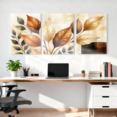 Ensemble de 3 tableaux abstraits floraux sur toile, motif de feuilles d'automne, pour la décoration du salon et de la chambre.