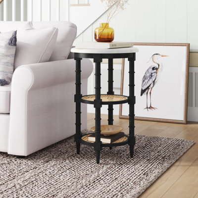 Table d'appoint ronde en bois massif avec plateau en marbre véritable et 2 étagères de rangement en rotin tressé