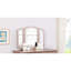 Meuble-lavabo rose doré avec miroir pliable trois pièces, cinq tiroirs et un tabouret rond rembourré confortable