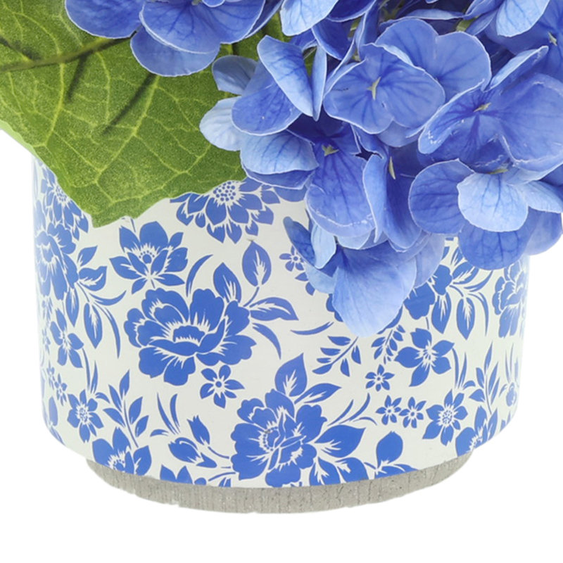 Hydrangeas Arranged in Decorative Ceramic Pot, Blue/White/Green