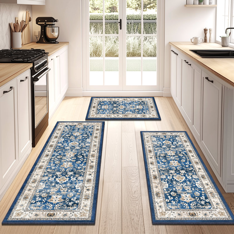 Tapis de cuisine antidérapants lavables à la machine (ensemble de 3), Beige/bleu