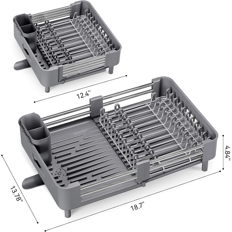Égouttoir à vaisselle extensible en acier inoxydable pour comptoir de cuisine, gris, égouttoir pliable pour économiser de l'espace, porte-couteaux et ustensiles, bec à vidange rapide