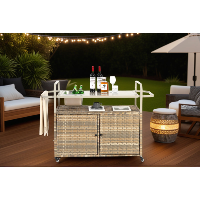 Beige Outdoor Bar Table Wicker Bar Cart With Steel Top, Ice Bucket, Lockable Wheels And Side Basket Perfect For Patio, Garden, Poolside And Backyard