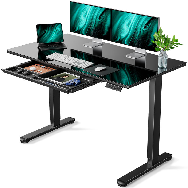 Glass Standing Desk with Writable Surface and Built-In Storage Drawers, Adjustable Height, 28.3" H x 47.2" W x 23.6" D, Black