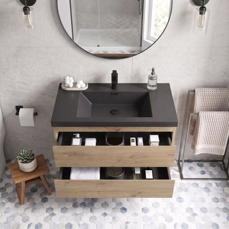 Meuble-lavabo suspendu flottant en mélamine de bois de 91 cm (36 po) avec lavabo intégré en résine et sable de quartz, quincaillerie de qualité supérieure à fermeture en douceur, aménagement de rangement intelligent et spacieux (entièrement assemblé)