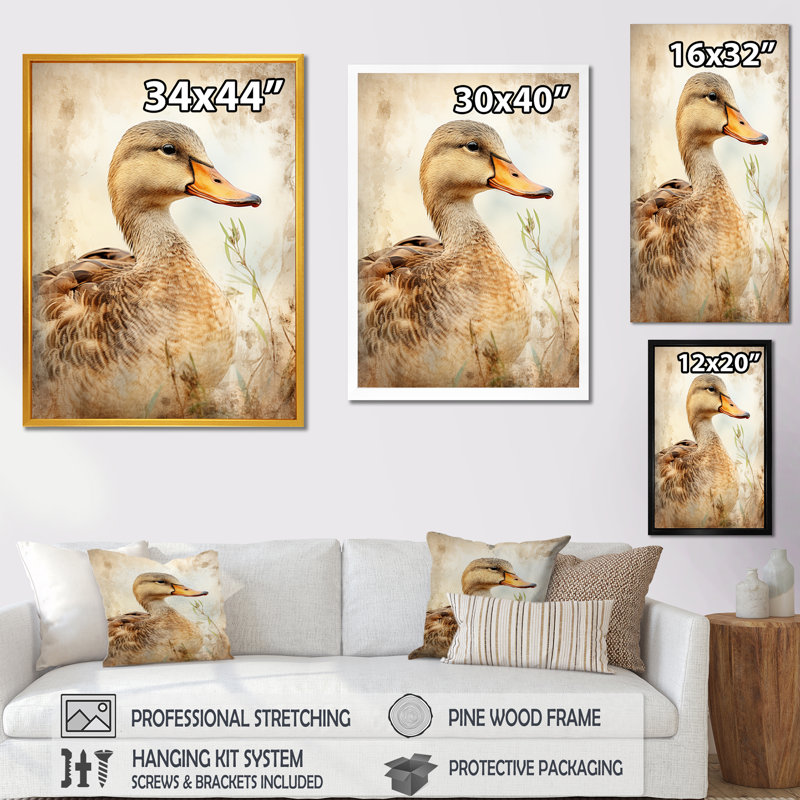 «Brown Duck Elegance IV» - art mural canard, H 20 po x l 12 po x P 1 po, Cadre simple noir