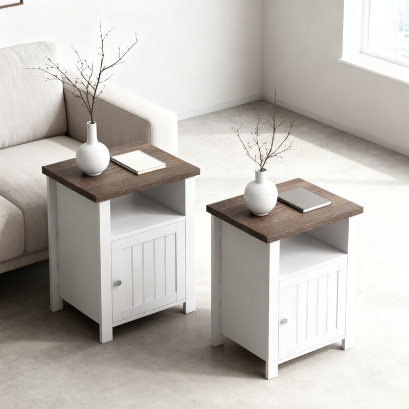 Farmhouse Nightstand Set Of 2, Rustic End Table With Open Shelf And Concealed Storage For Bedroom And Living Room