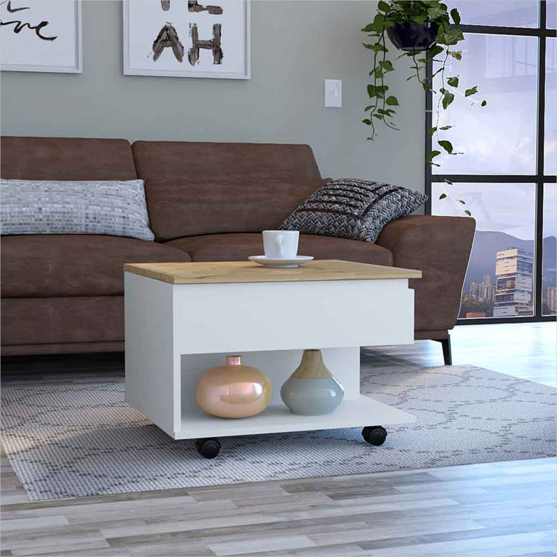 Petite table basse carrée à plateau relevable avec rangement dissimulé, bois d'ingénierie, finition en bois brun sur roulettes