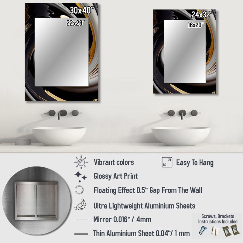 Or et noir vitrail Spiral III - miroir spirales abstraites uniques, 40 po x 30 po