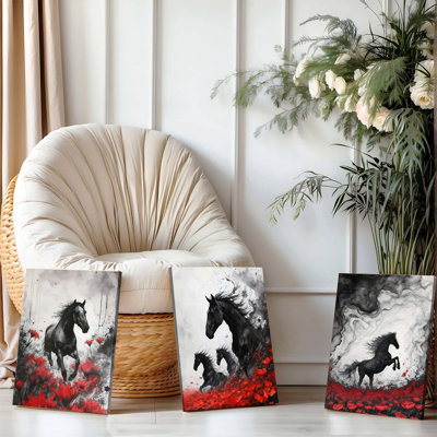 3 pièces d'art mural encadrées, ensemble d'art abstrait sur toile cheval noir abstrait de 3, peinture à l'encre moderne avec des accents floraux rouges, tendue prête à être accrochée, décoration pour salon, bureau de chambre à coucher, décorations animalières contemporaines