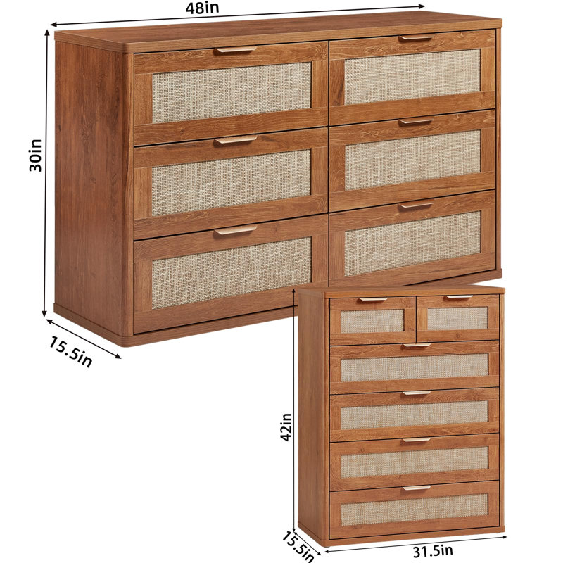 Ensemble de 2 commodes en rotin, style bohème, en bois, commode 6 tiroirs de 122 cm et commode 6 tiroirs de 107 cm, mobilier de chambre