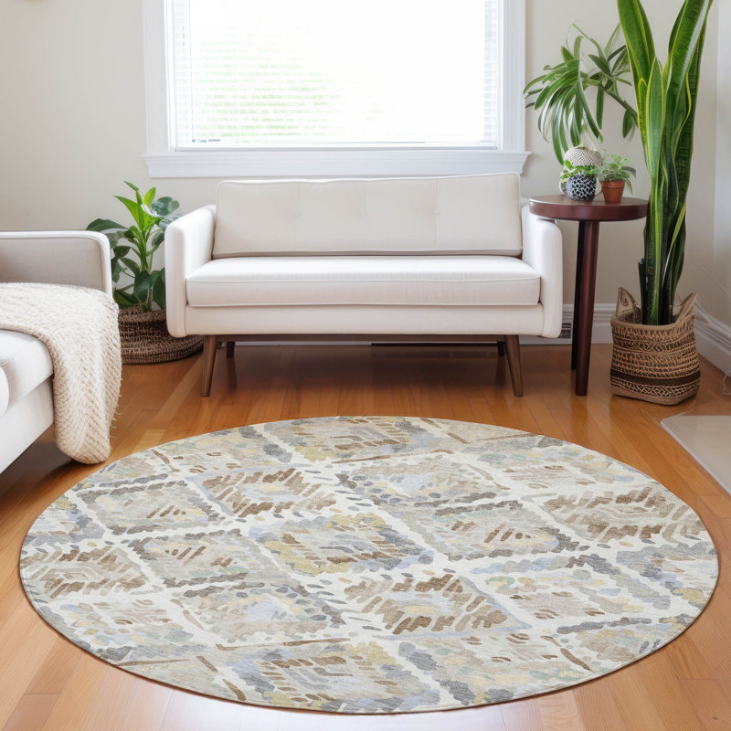 Machine Washable Indoor/Outdoor Christain ACN1330 Ivory Rug, Round 8'