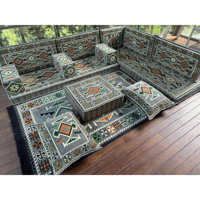 Traditional Kilim Pattern Ottoman Sofa Set with Floor Cushions and Pillows
