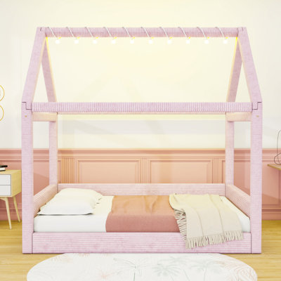 Full-Size Corduroy Upholstered House-Shaped Daybed with LED Light