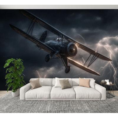 Papier peint adhésif auto-adhésif Peel and Stick, tempête dynamique, vol rétro, art mural Biplan, décoration murale H 100 po x l 144 po pour bureau à domicile