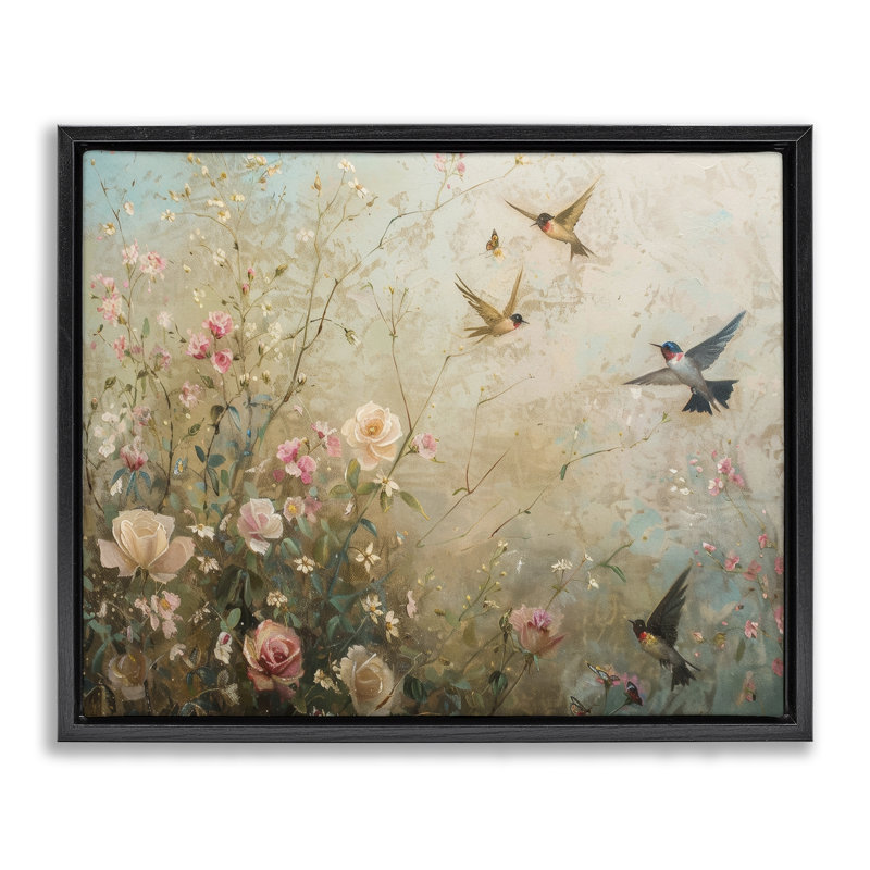  "Spring Meadow Birds", art mural sur toile flottante par Arlington Prints, Cadre flottant noir de jais, H 17 po x l 21 po