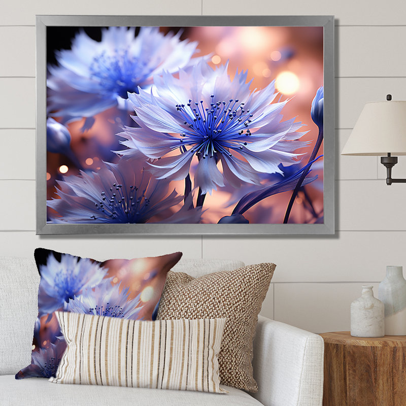 «Dreamy Mauve Cornflowers Impression II», impressions sur toile, Cadre simple argenté, H 16 po x l 32 po x P 1 po