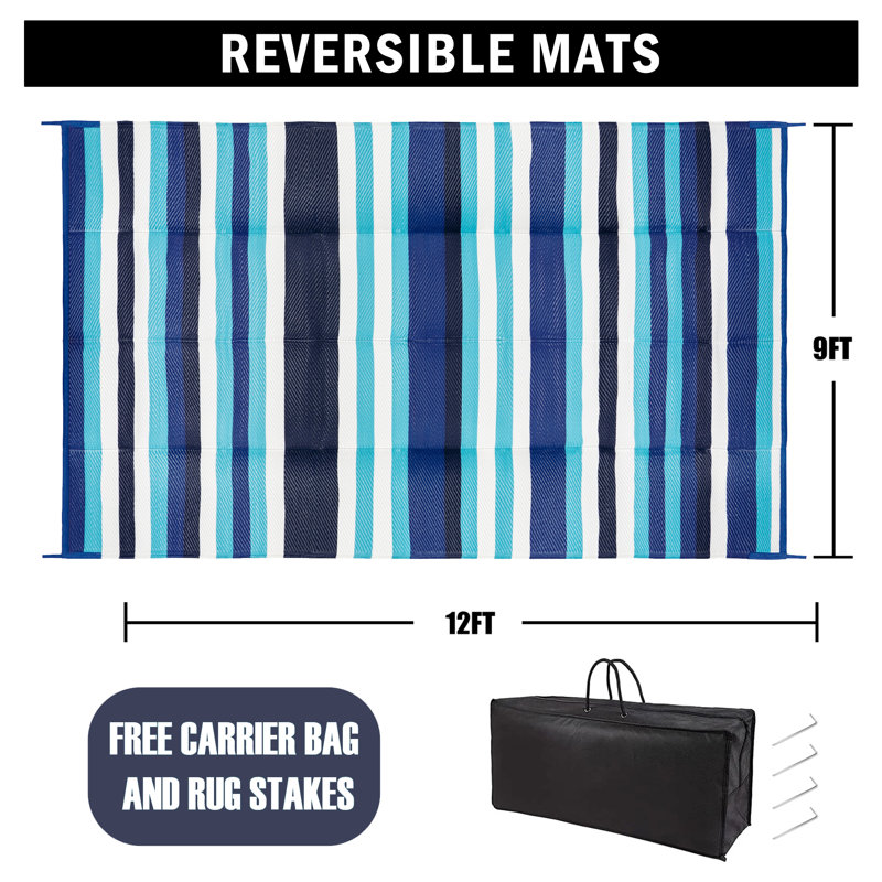 Tapis d'extérieur à rayures réversible imperméable Ellie, Rectangle 9 pi x 12 pi, Bleu