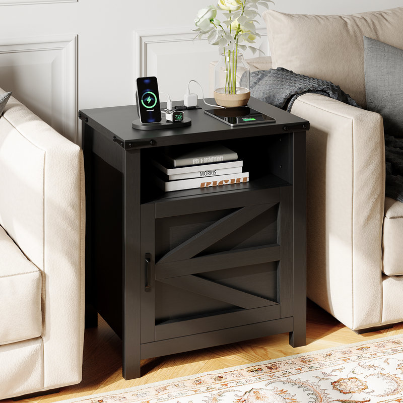 Black Farmhouse Nightstand with Barn Door and Shelf, Set of 2