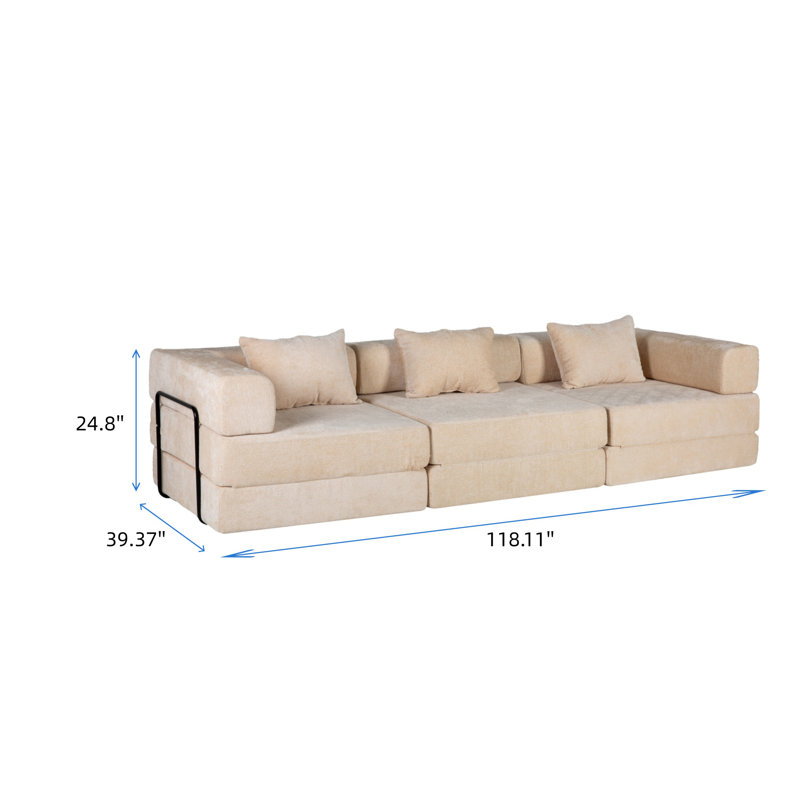 Ensemble de canapé convertible modulaire en tissu chenille sans dossier, Blanc