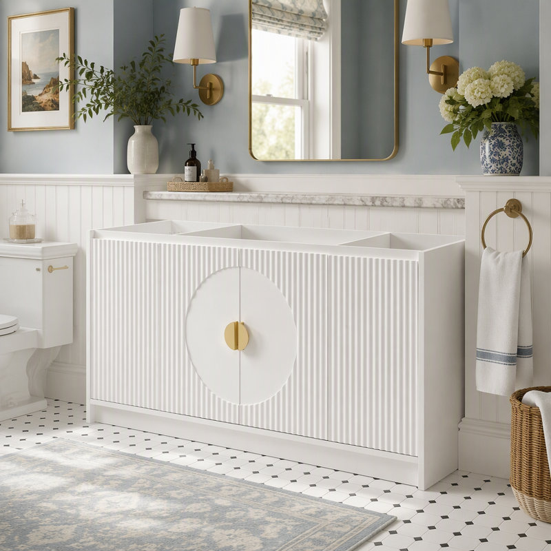 Wall Mount Bathroom Vanity Cabinet without Sink, Fluted Doors, Soft Close Drawers and Doors, Gold Handles, White Finish