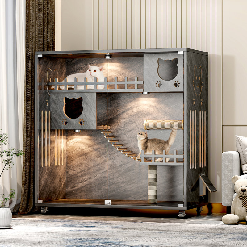 Villa pour chat en bois, enclos pour chat X Large, enclos pour chat avec double porte et construction ultra résistante à l'usure