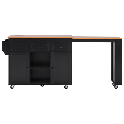 Îlot de cuisine 85,5 po avec table de salle à manger extensible, table de rangement avec 3 tablettes latérales ouvertes, îlot de cuisine roulant avec prise de courant, 3 tiroirs, 2 portes, pour la cuisine, la salle à manger