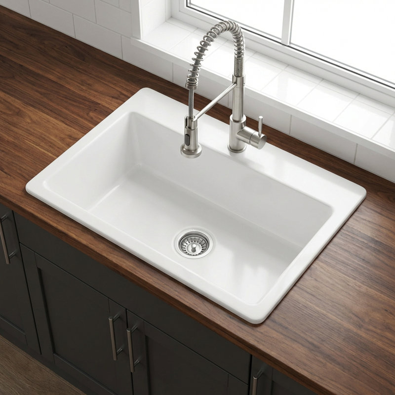 Évier de cuisine encastré en argile réfractaire simple 33 po avec 1 trou Jackson, Blanc éclatant, 1, 33"