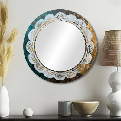 Prasun Teal And Gold Mandala I - Boho Mandala Unique Wall Mirror, Traditional Round Mirror, Printed Metal Art