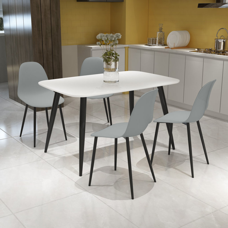 Huetter 5-Piece Casual Dining Set - Spacious Rectangular Table & 4 Curved Plastic Chairs, Grey, White