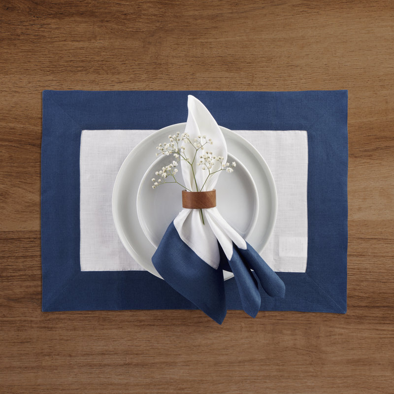 Contempo - 100% Pure Linen Dinner Napkins, Indigo Blue/White
