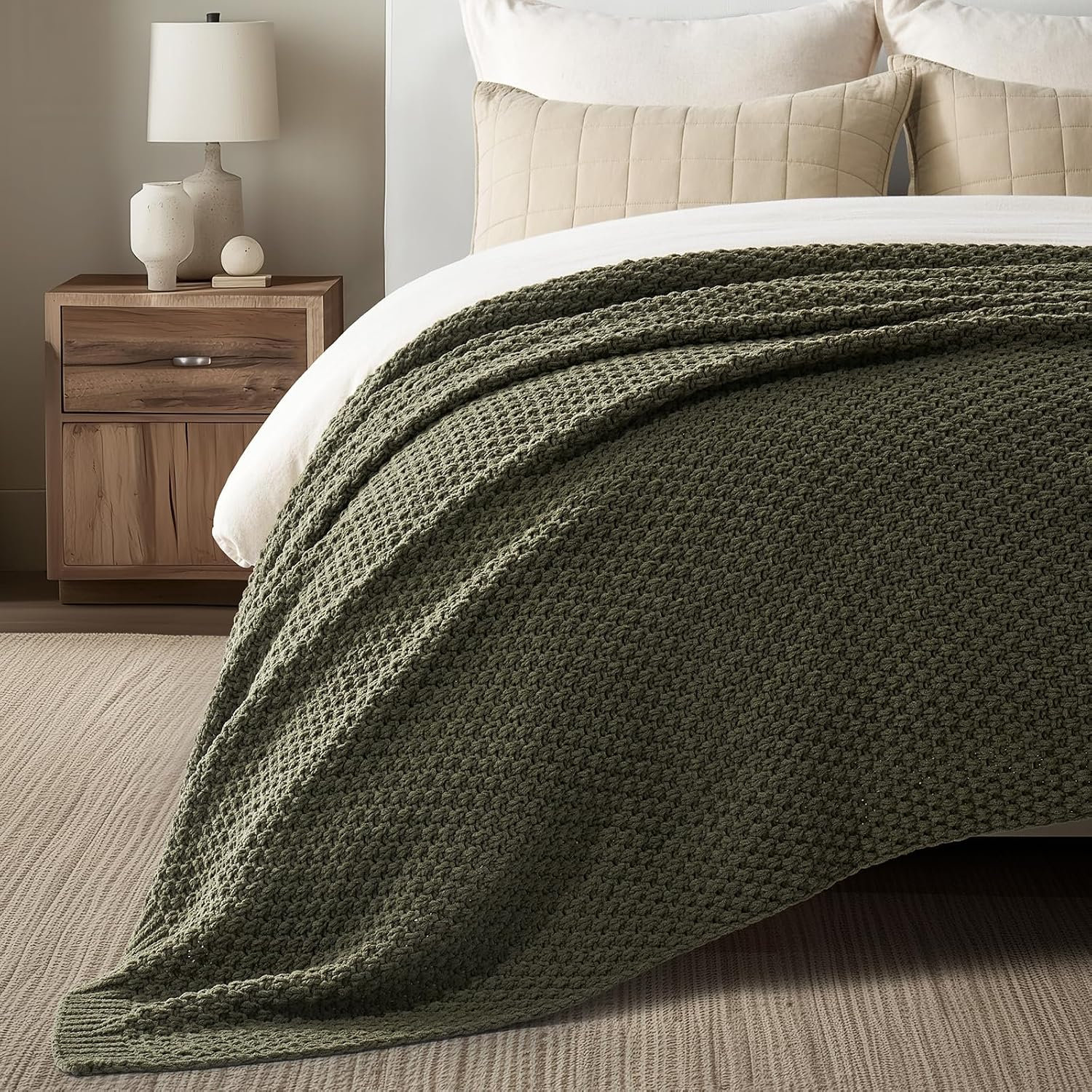 Chunky Chenille Weighted Throw Blanket, Olive Green, 108" L x 92" W