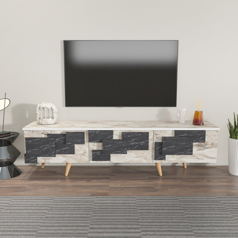 Meuble télé moderne, blanc et marbre, 63,0 po x 17,7 po x 17,7 po | 100% panneau de particules enduit de mélamine, épaisseur: 0,7 pouce | Design élégant et fonctionnel pour le salon et les espaces de divertissement