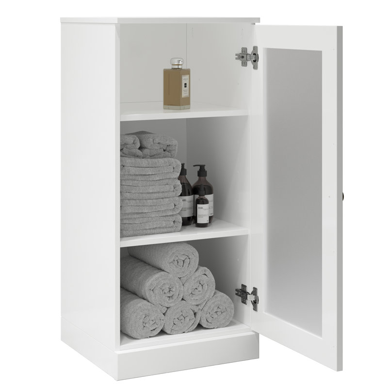Armoire de salle de bain 100% bois massif 16,5 po avec porte en verre givré et tablettes réglables, Blanc